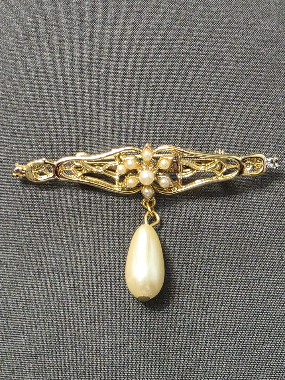 Estate Gold Tone - Victorian Design Pearl Drop Bar Brooch - 296